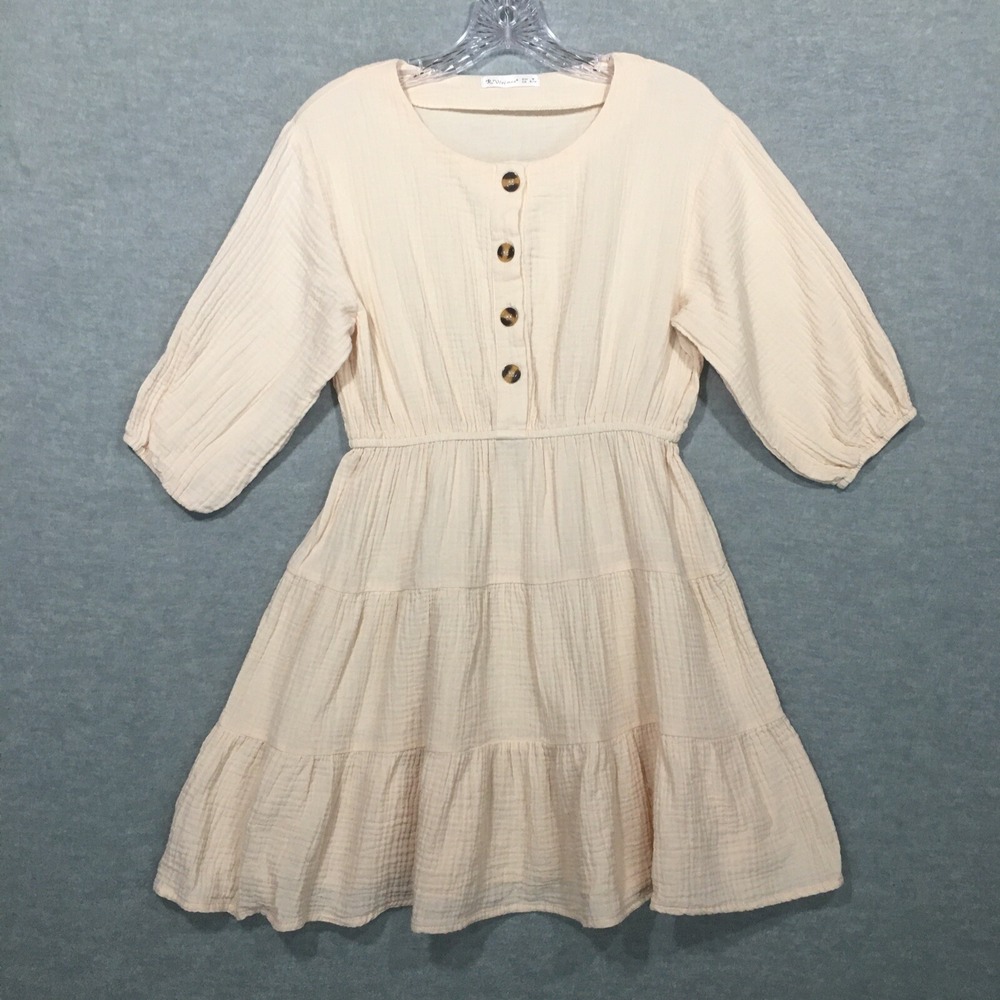 R Vivimos M Short Tiered Muslin Cream Dress Cottage Prairie 3/4 Sleeve Buttons